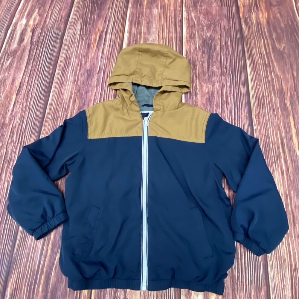 Gymboree Boys Hooded Jacket Lined Coat Tan Navy Size 5-6 Fall Winter Pre-Owned